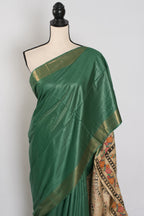 Bina : Dark Green Staple Tussar Saree | Hand-Painted Madhubani Pallu