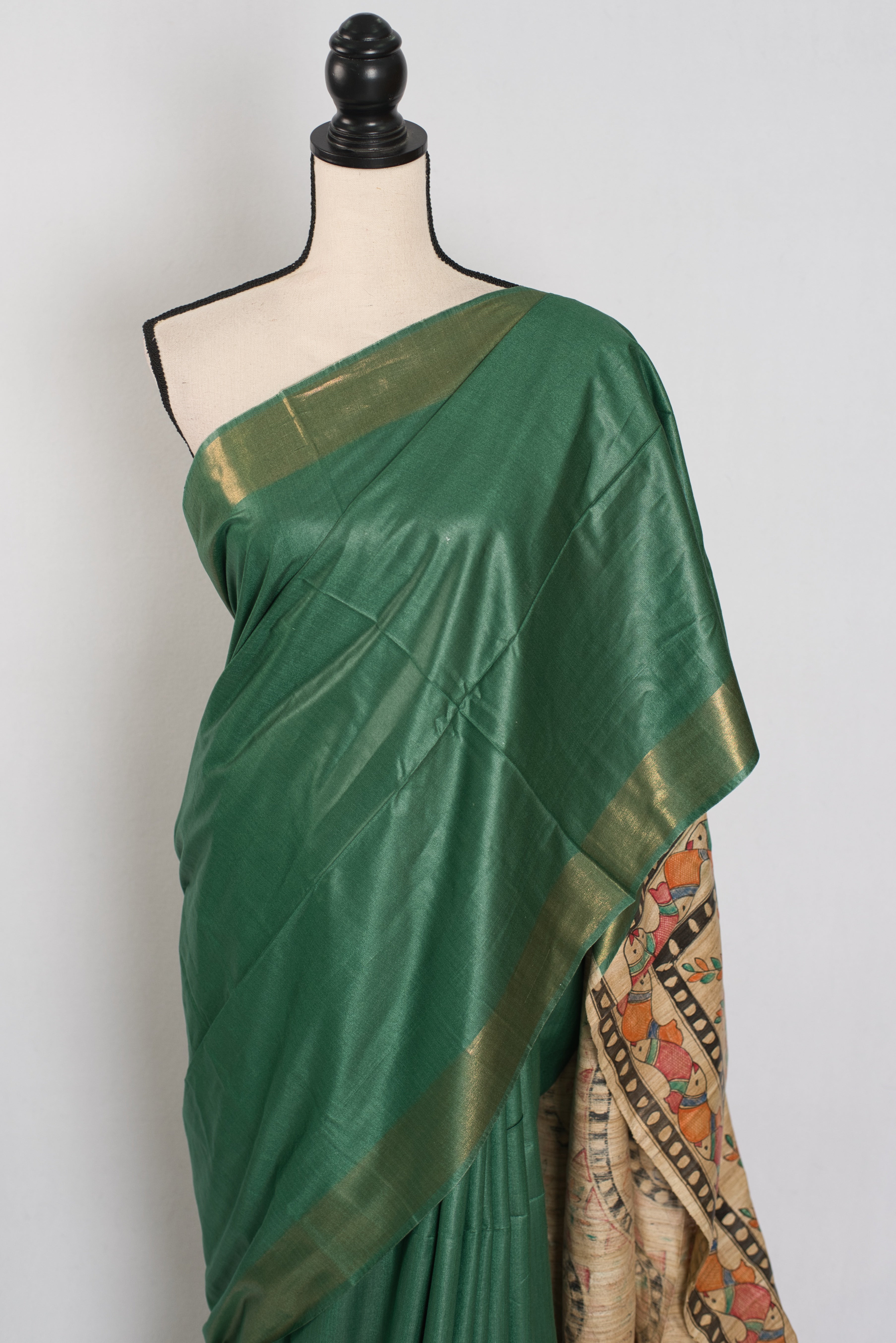 Bina : Dark Green Staple Tussar Saree | Hand-Painted Madhubani Pallu