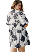 Black Plus Size Floral 3/4 Puff Sleeve Lace-up Neck Mini Dress