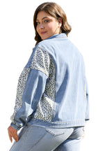 Beau Blue Leopard Patchwork Flap Detail Plus Size Denim Jacket
