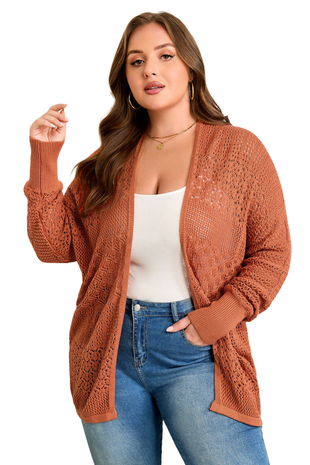 Redwood Burl Mixed Pattern Knitted Open Front Plus Cardigan