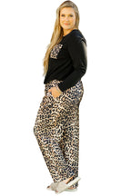 Black Leopard Patched Pocket Long Sleeve Top Plus Size Pants Set