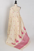 Renu: Cream & Pink Bengal Tussar Silk Saree | Silk Mark Certified