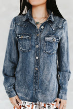 Vintage Blue Washed Western Denim Shirt – Concho Button Tencel Top