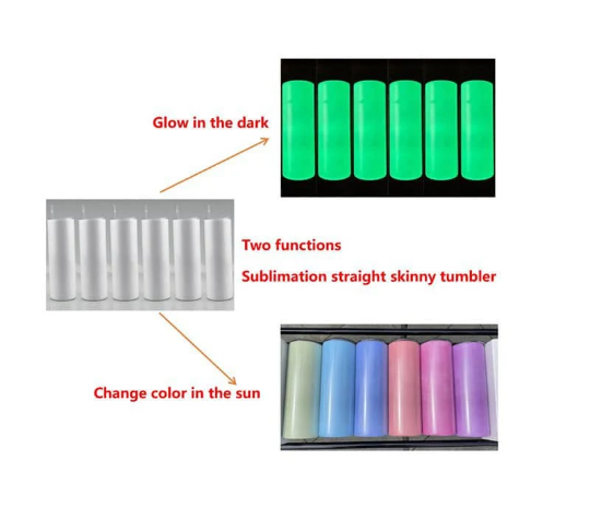 UV Color Changing & Glows Green In Dark  Combo sublimation Blank Stainless 20oz Straight Skinny Tumblers w Lid & Straw BPA Free