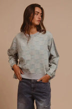 Women's Denim Top Denim Top - Mineral Washed Checkered - Casual Round Neck