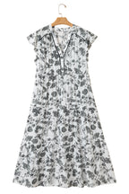 Black Floral Print Piping Trim Notched Neck Ruffle Sleeve Plus Size Long Dress