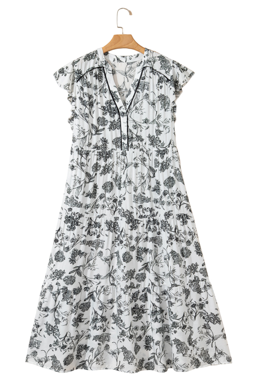 Black Floral Print Piping Trim Notched Neck Ruffle Sleeve Plus Size Long Dress