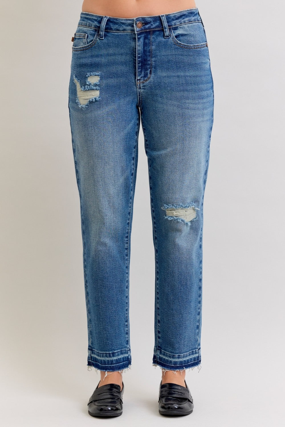 Judy Blue Full Size Mid Rise Bf Patch & Repair Destroy Release Hem Jeans Plus Size