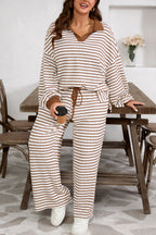 Khaki Stripe Plus Size Collared V Neck Loose Pullover Drawstring Elastic Waist Wide Leg Pant Set