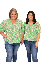 Green Plus Size Leopard Tassel Tie Split Neck Puff Sleeve Blouse