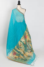 Shukti: Turquoise Blue & Gold Muslin Cotton Jamdani Saree | Sequin Weaving