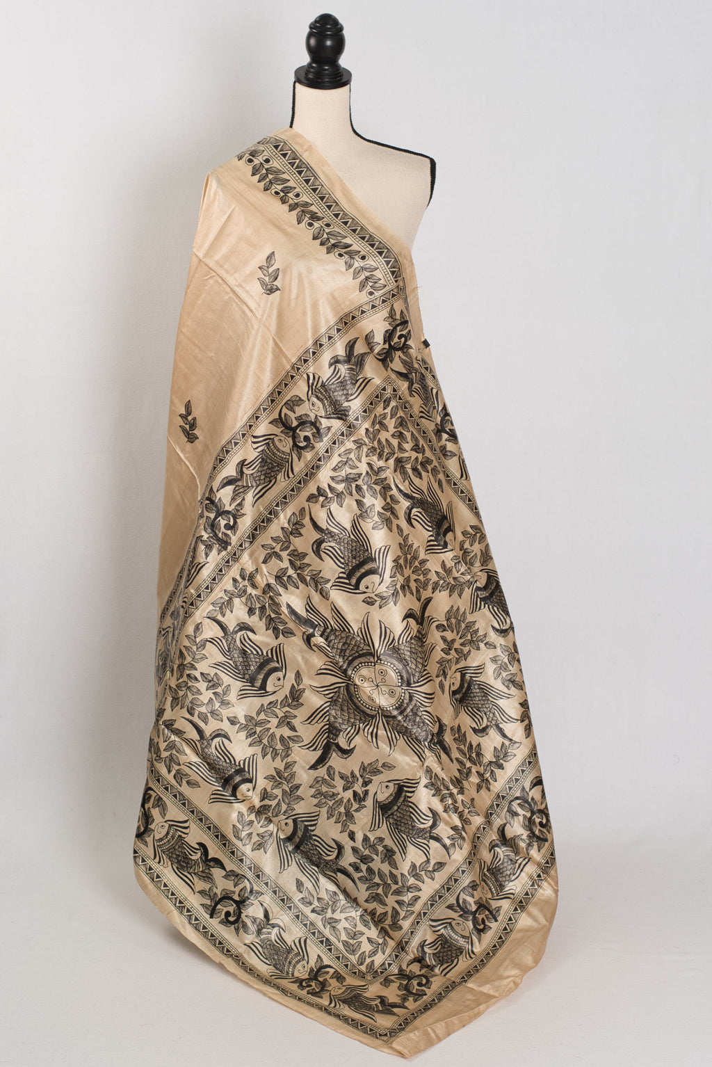 Matsya: Hand-Painted Madhubani Tussar Silk Saree | Fish Motif | Beige & Black
