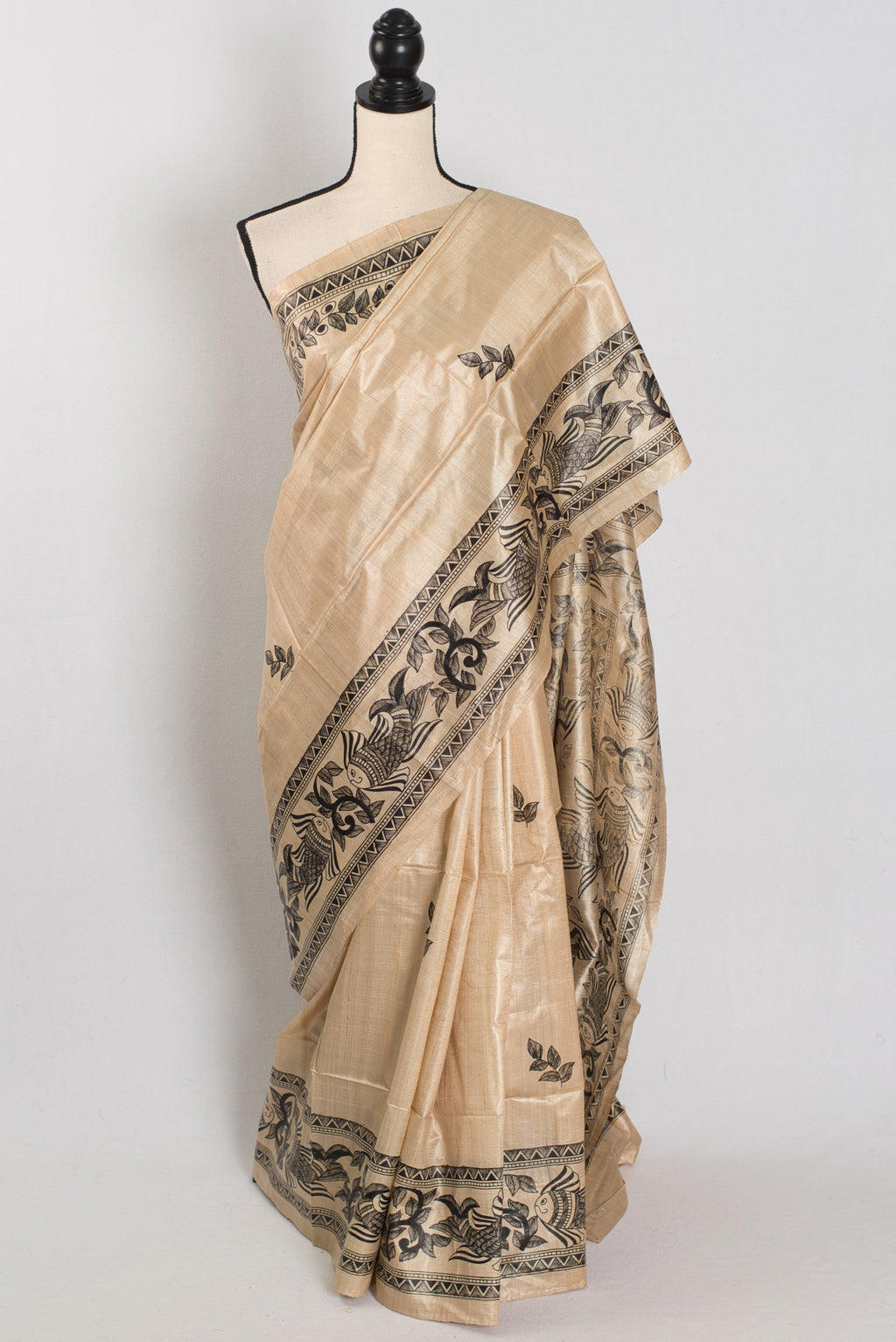 Matsya: Hand-Painted Madhubani Tussar Silk Saree | Fish Motif | Beige & Black