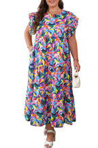 Blue Geometric Print Ruffled Short Sleeve Plus Size Tiered Maxi Dress