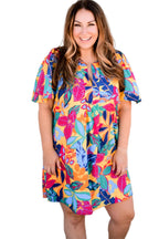 Multicolour Plus Size Leafy Print Split Neck Short Sleeve Shift Dress