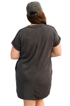 Carbon Grey Corded V Neck Plus Size T Shirt Dress with Pockets