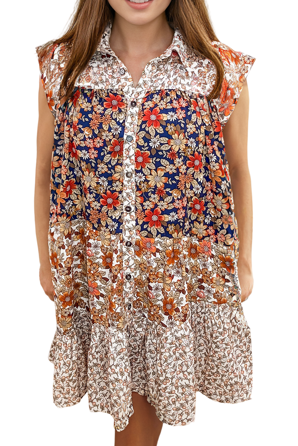 Beige Plus Size Floral Patchwork Button Front Collared Mini Dress