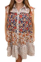Beige Plus Size Floral Patchwork Button Front Collared Mini Dress