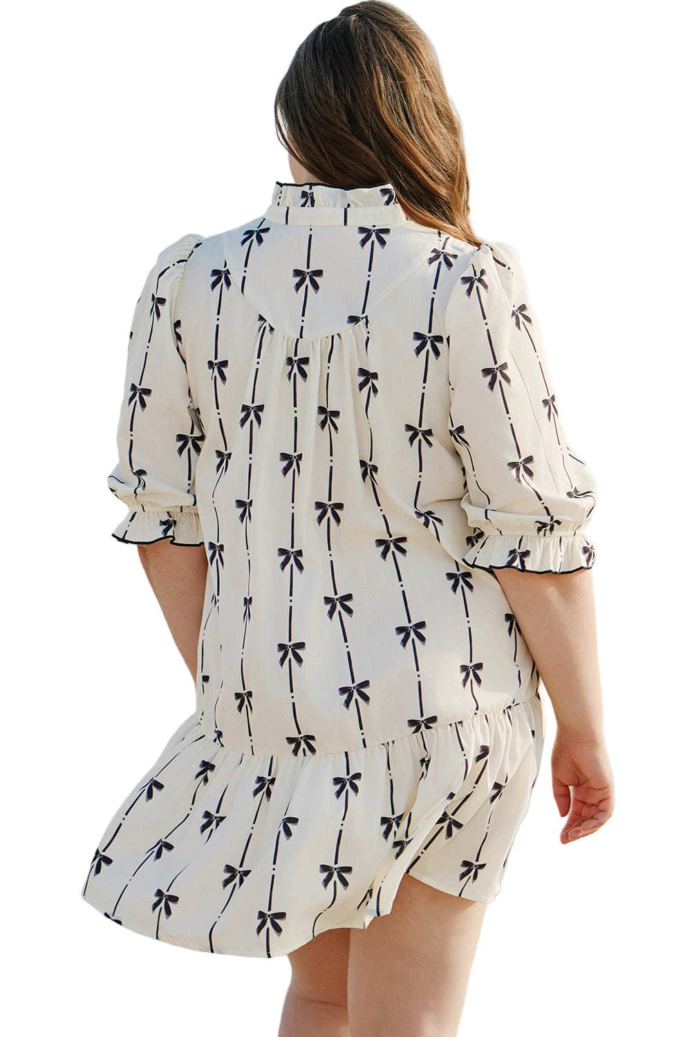 Apricot Bow Printed Puff Sleeve Ruffled Plus Size Mini Dress