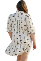 Apricot Bow Printed Puff Sleeve Ruffled Plus Size Mini Dress