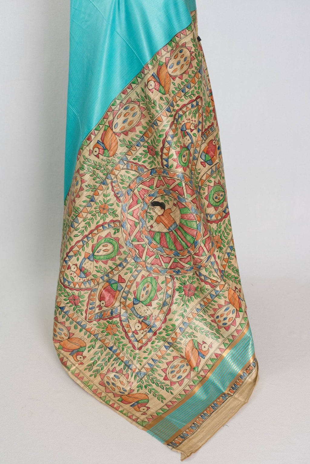 Enakshi : Sky Blue Staple Tussar Saree | Hand-Painted Madhubani Pallu