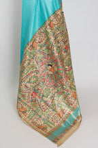Enakshi : Sky Blue Staple Tussar Saree | Hand-Painted Madhubani Pallu