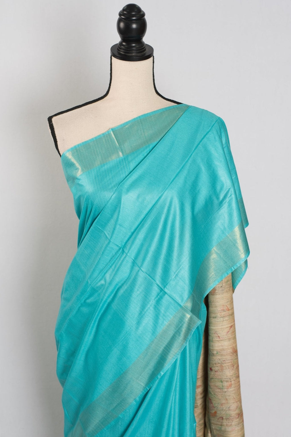 Enakshi : Sky Blue Staple Tussar Saree | Hand-Painted Madhubani Pallu