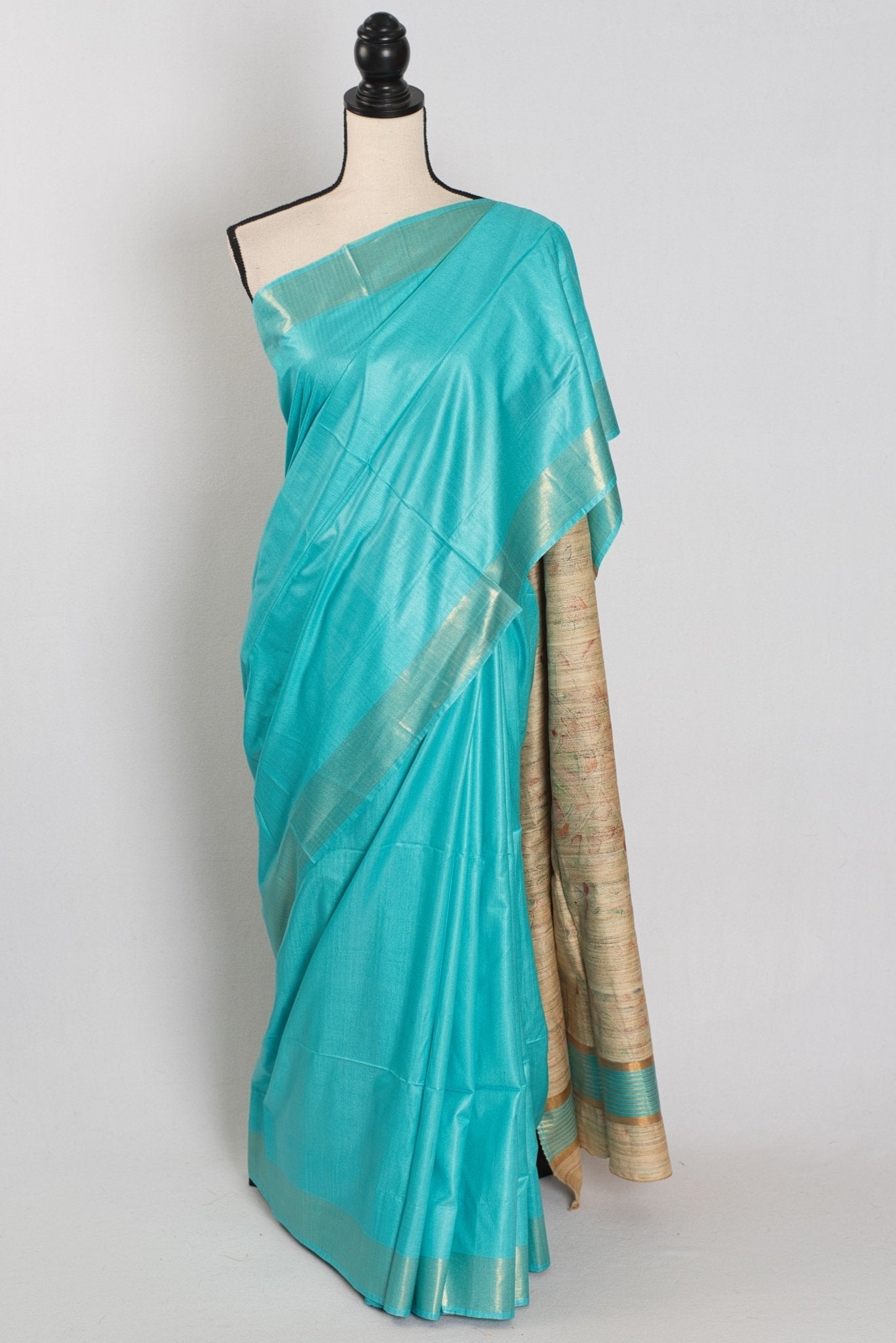 Enakshi : Sky Blue Staple Tussar Saree | Hand-Painted Madhubani Pallu