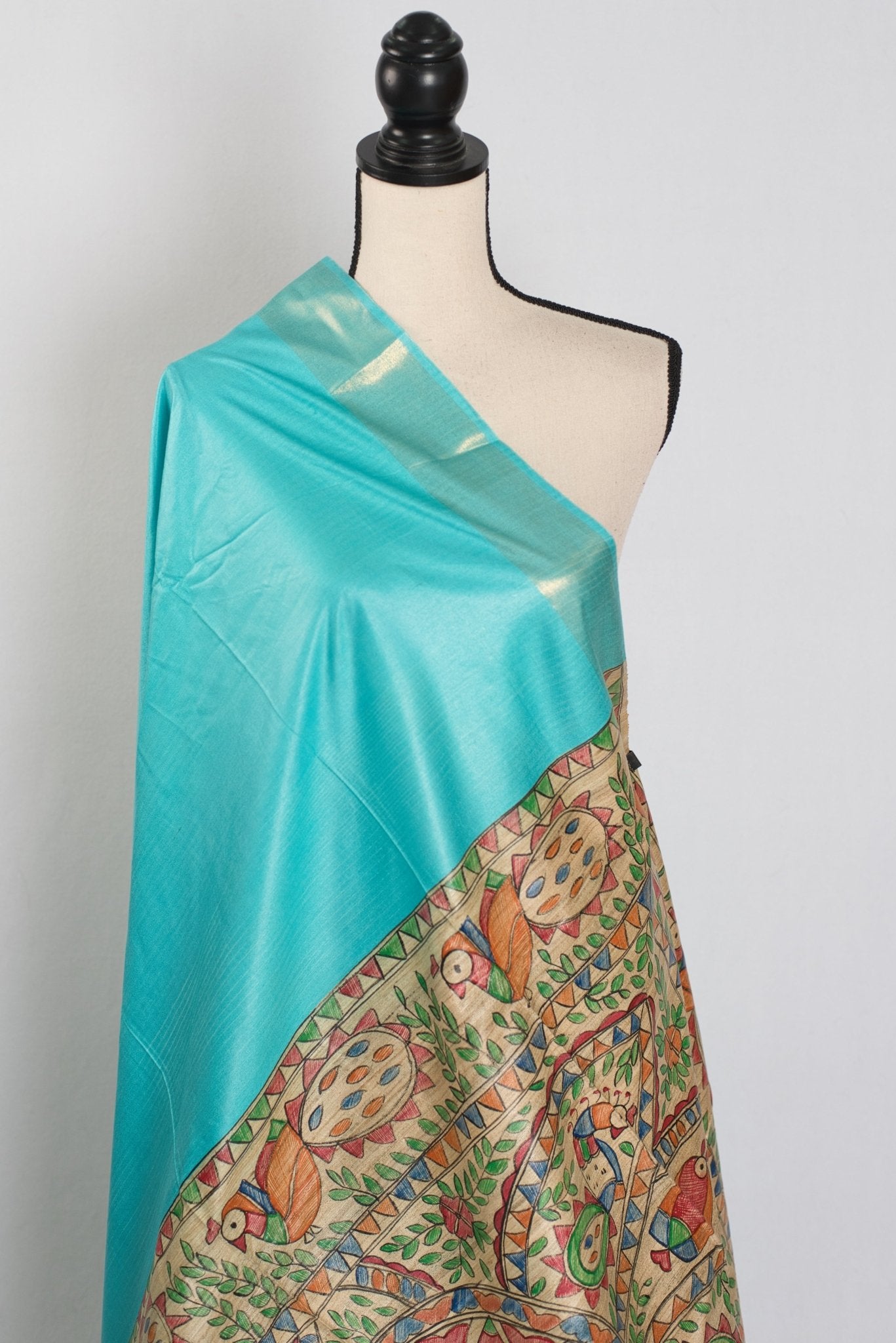Enakshi : Sky Blue Staple Tussar Saree | Hand-Painted Madhubani Pallu