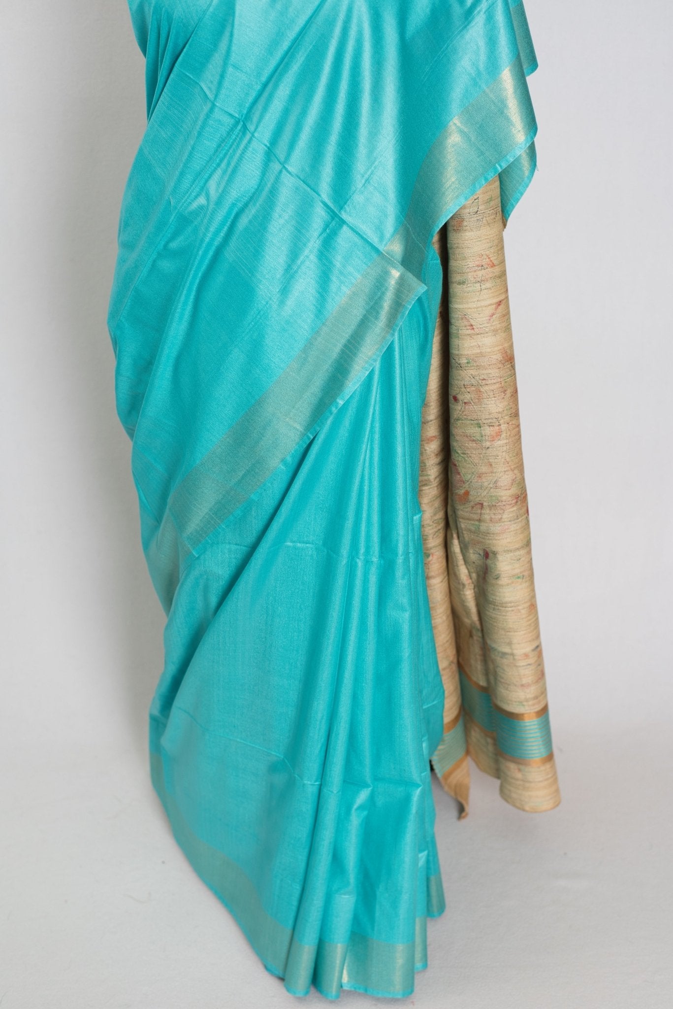 Enakshi : Sky Blue Staple Tussar Saree | Hand-Painted Madhubani Pallu