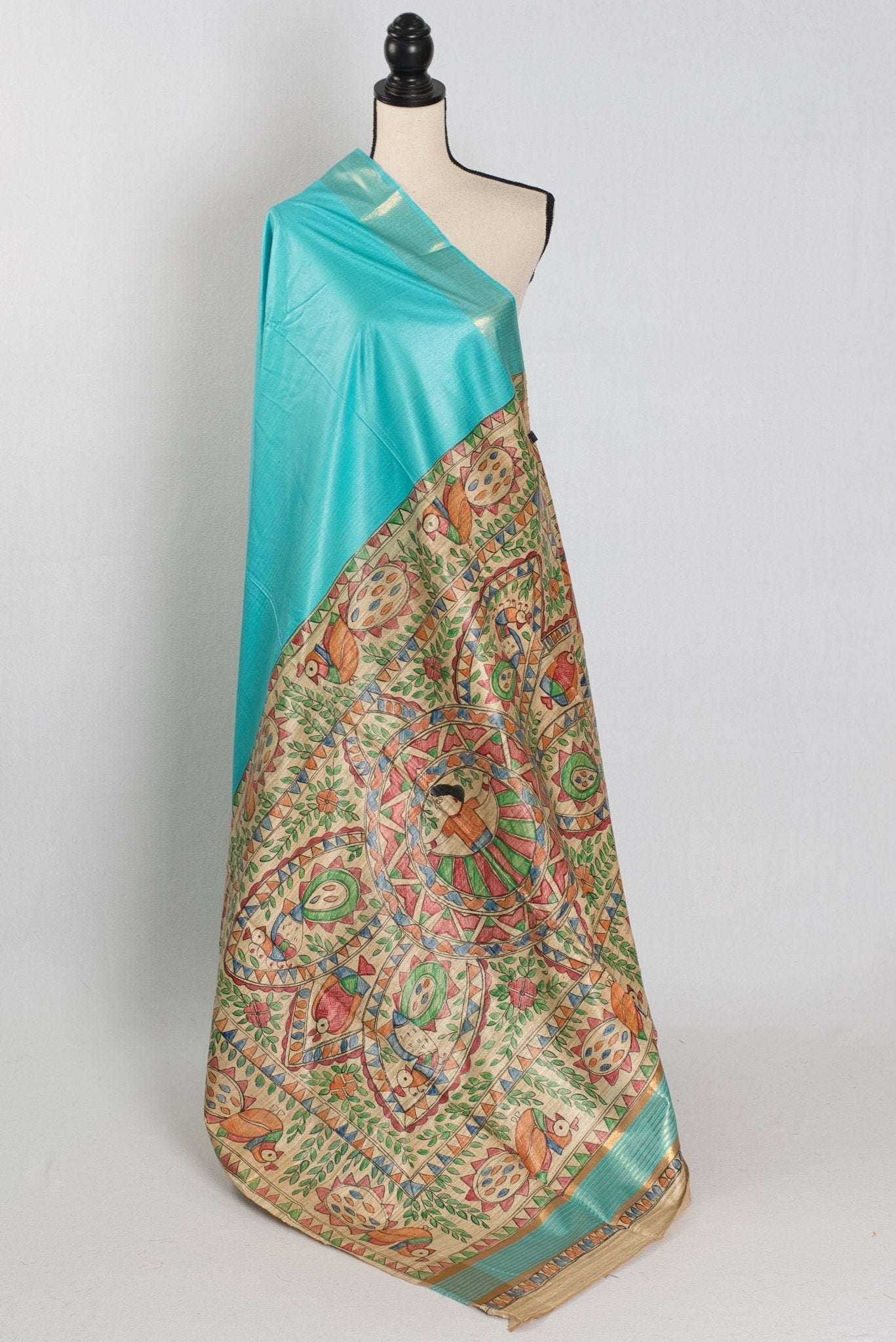 Enakshi : Sky Blue Staple Tussar Saree | Hand-Painted Madhubani Pallu