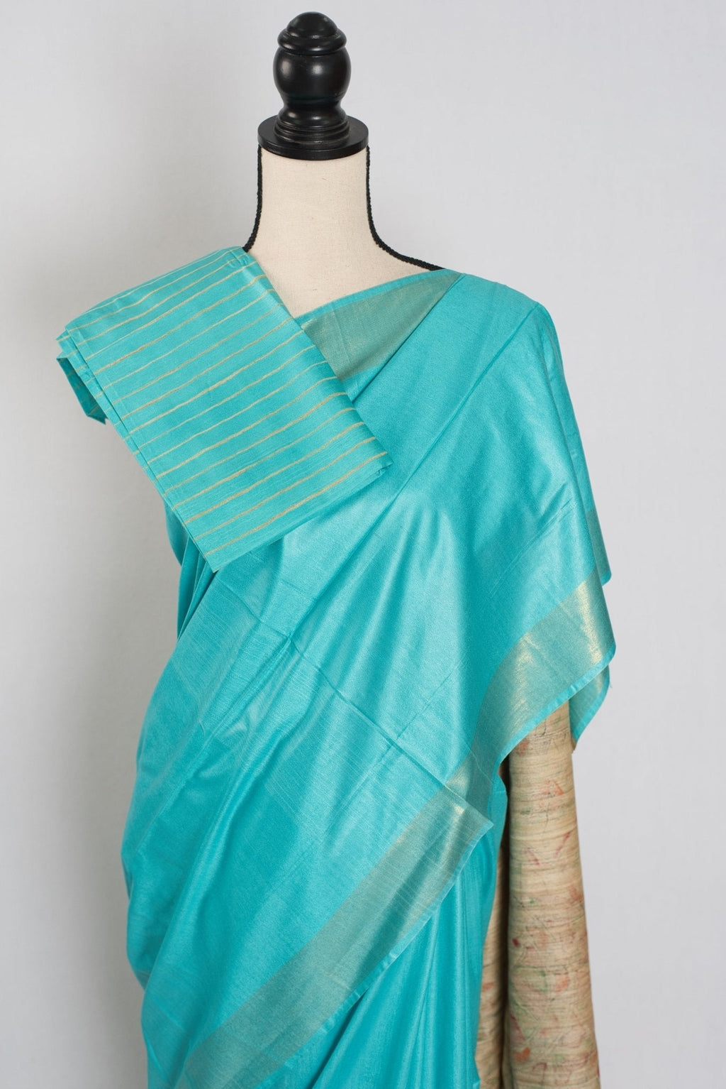 Enakshi : Sky Blue Staple Tussar Saree | Hand-Painted Madhubani Pallu
