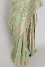 Mohini: Sea Green & Gold Jamdani Banarasi Saree | Cotton Silk Fusion
