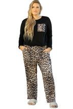 Black Leopard Patched Pocket Long Sleeve Top Plus Size Pants Set