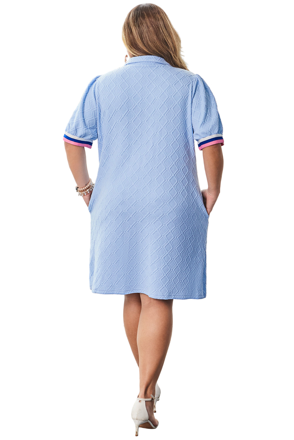 Beau Blue Contrast Striped Trim Zipped Stand Collar Textured Puff Sleeve Plus Size T Shirt Dress