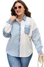 Sky Blue Leopard Striped Patchwork Casual Plus Shirt