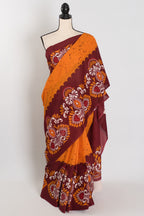 Trina: Orange & Red Batik Printed Mulmul Cotton Saree | Lightweight Handloom