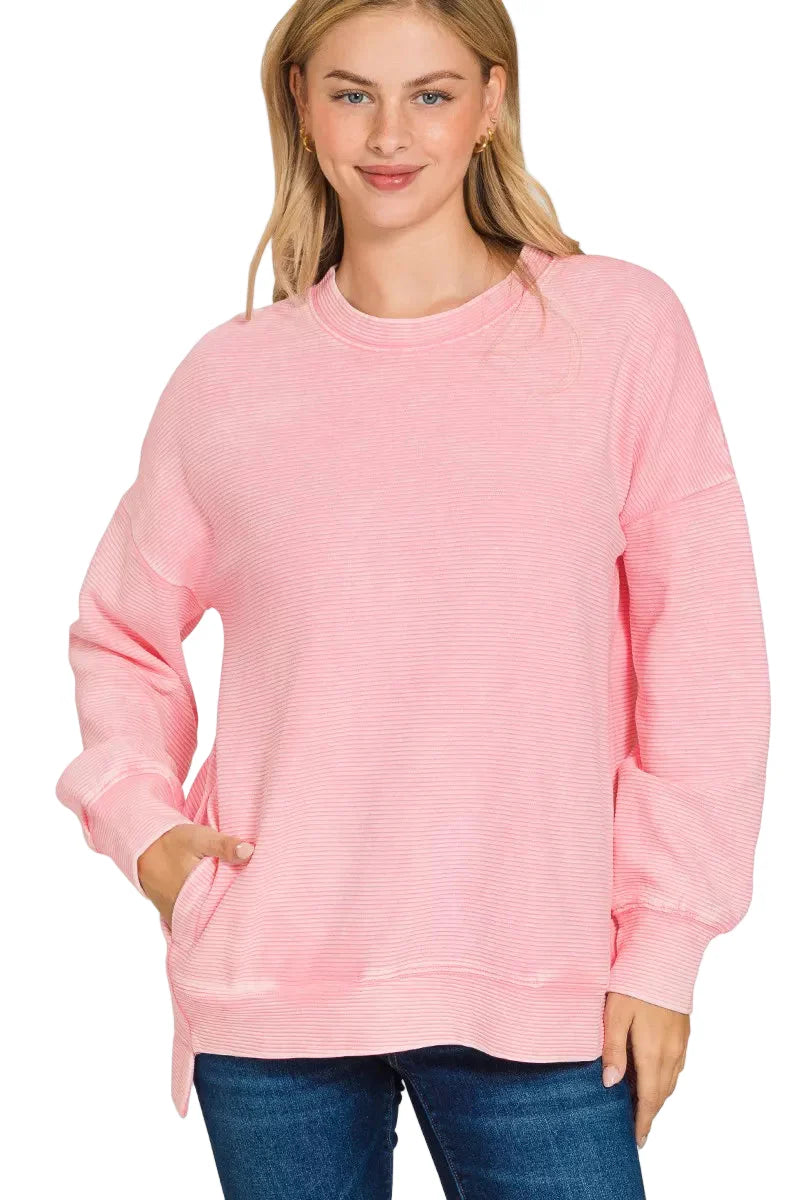 Zenana Full Size Acid Washed Double Ribbed Hi-low Sweatshirt Plus Size