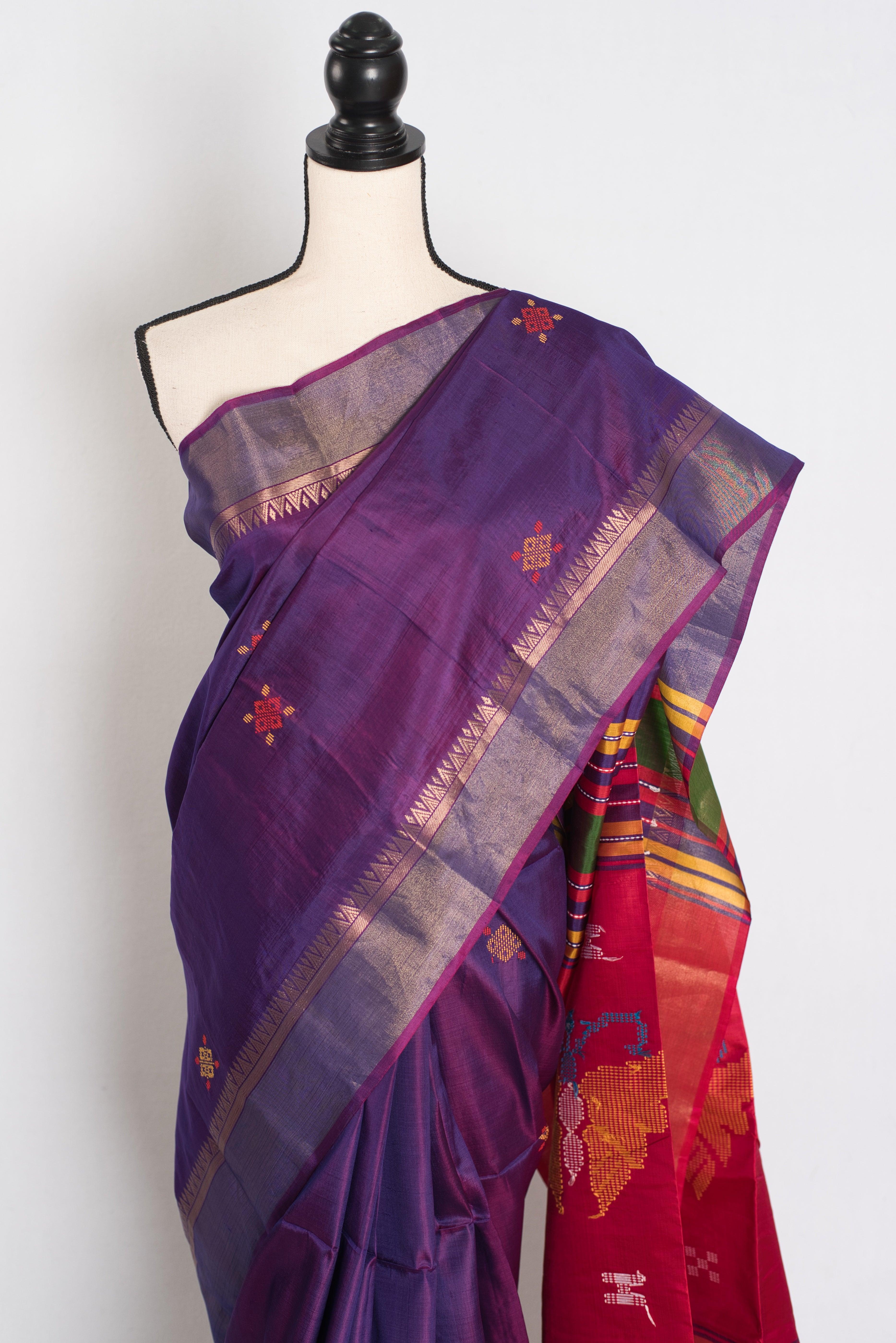 Pritha : Lightweight Bishnupur Katan Silk Saree in Purple and Red