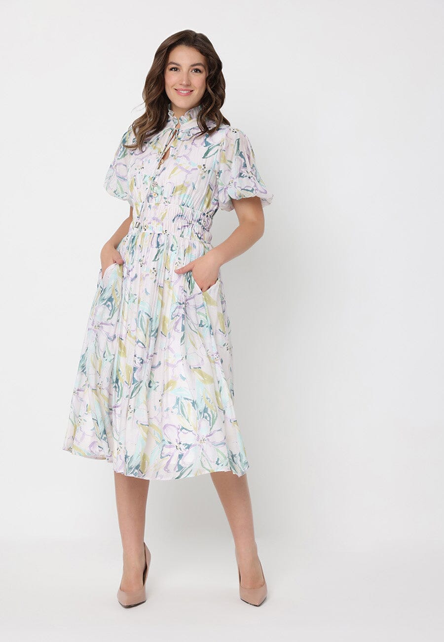 Gracia Fashion Women's Floral Print Puff Sleeve Elastic Waist A-Line Dress