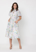 Gracia Fashion Women's Floral Print Puff Sleeve Elastic Waist A-Line Dress
