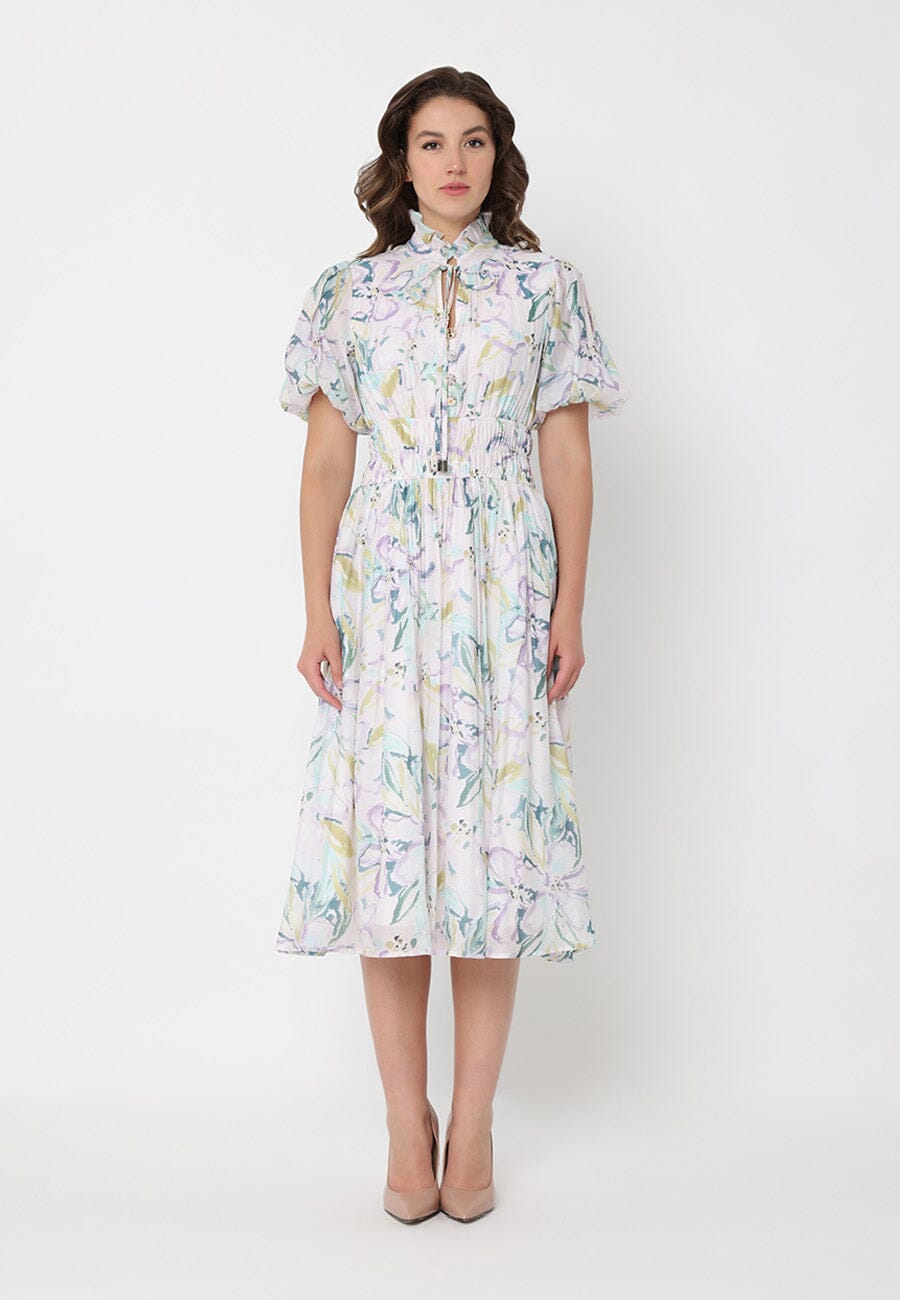 Gracia Fashion Women's Floral Print Puff Sleeve Elastic Waist A-Line Dress