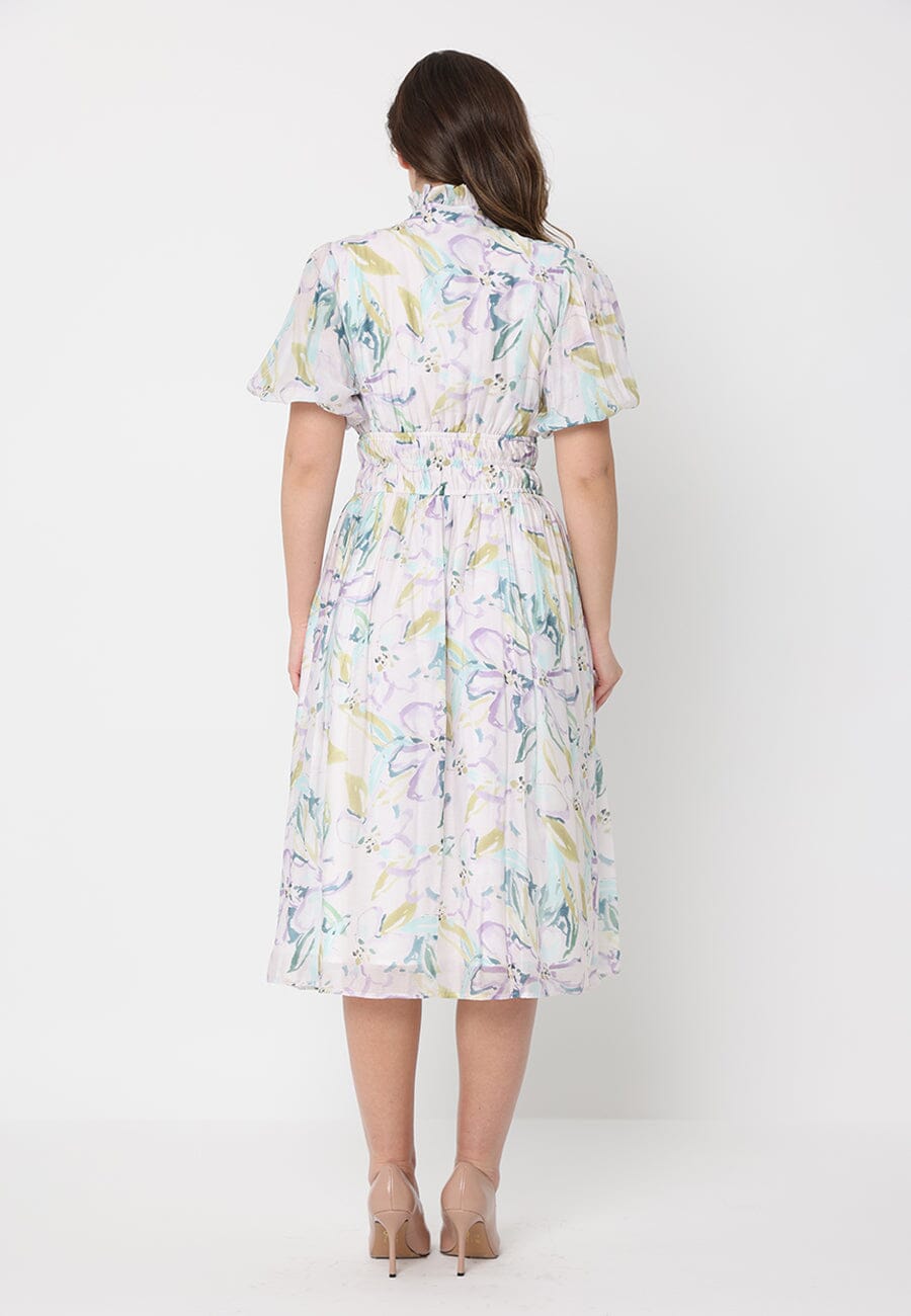 Gracia Fashion Women's Floral Print Puff Sleeve Elastic Waist A-Line Dress