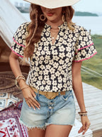 Women's Blouse - Floral Short Sleeve Contrast Trim - Casual