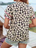 Women's Blouse - Floral Short Sleeve Contrast Trim - Casual
