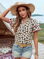 Women's Blouse - Floral Short Sleeve Contrast Trim - Casual