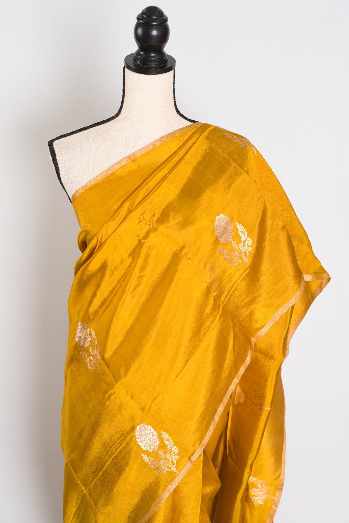Geeta : Golden Yellow & Gold Banarasi Katan Silk Saree | Lightweight Bridal Wea