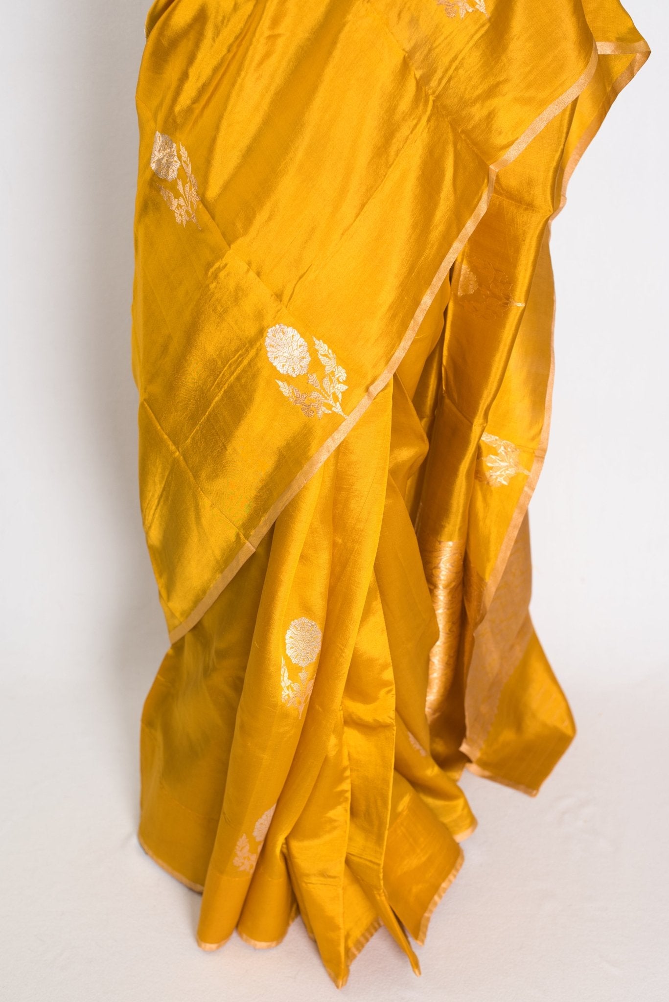 Geeta : Golden Yellow & Gold Banarasi Katan Silk Saree | Lightweight Bridal Wea