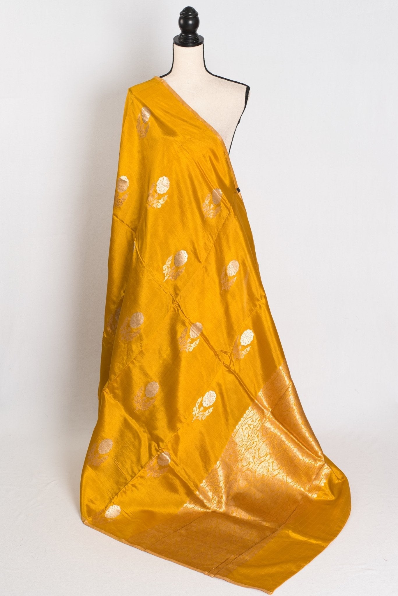 Geeta : Golden Yellow & Gold Banarasi Katan Silk Saree | Lightweight Bridal Wea